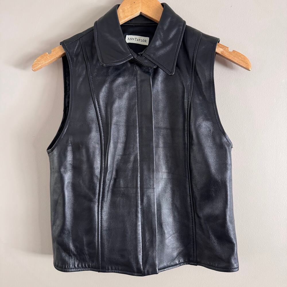 Vintage Ann Taylor Black Leather Full Zip Collared Vest Jacket USA XS Rare